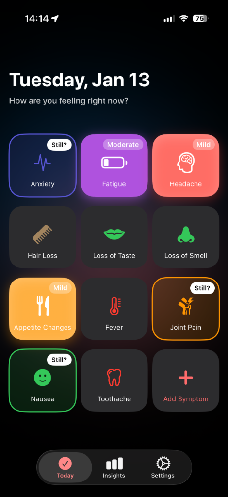 Today screen with symptom tiles in Trace Health