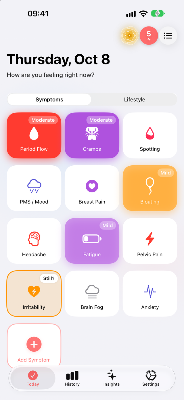 Today screen with symptom tiles in Trace Health