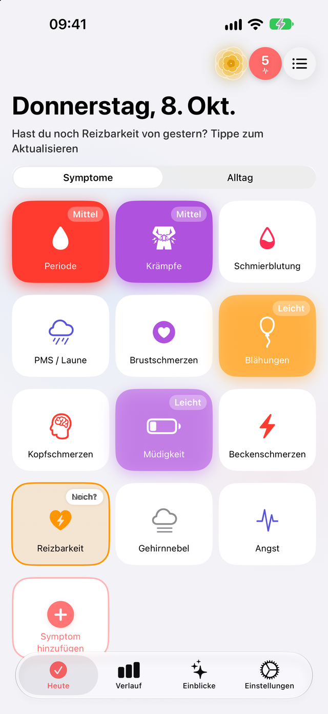 Heute-Bildschirm mit Symptom-Kacheln in Trace Health