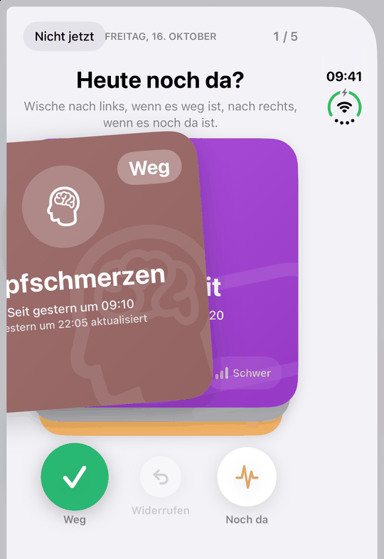 Der tägliche Check der aktiven Symptome auf dem zugeklappten iPhone Duo: Karten zum Wischen auf dem Außendisplay