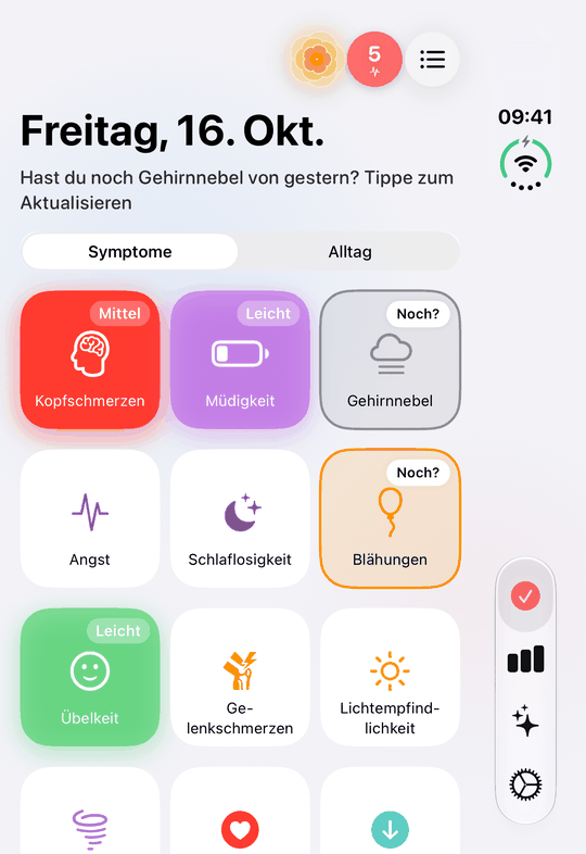 Trace Health auf dem Außendisplay des zugeklappten iPhone Duo: die Symptome der Startseite, mit einem Tipp erfasst