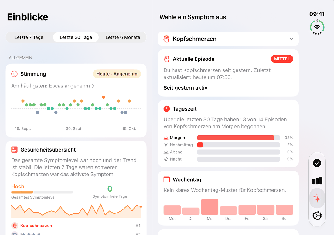 Einblicke auf dem aufgeklappten iPhone Duo: die Übersicht mit Stimmung und Gesundheitsübersicht neben den Mustern eines Symptoms