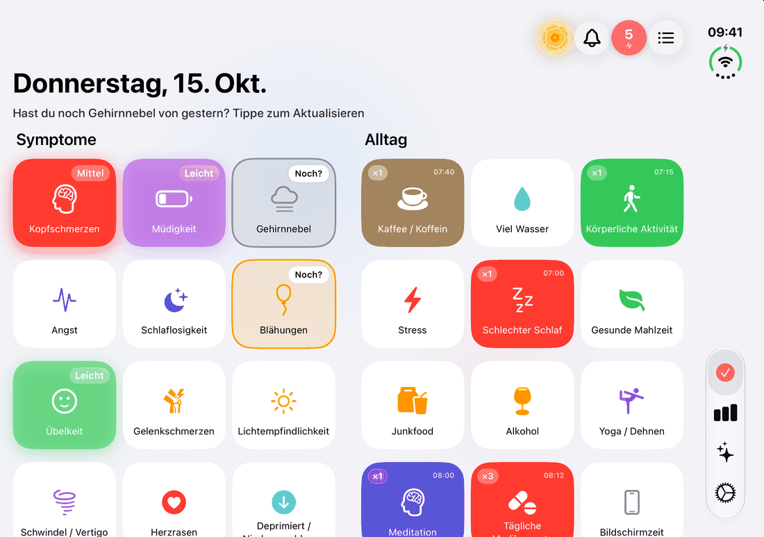 Trace Health aufgeklappt auf dem iPhone Duo: Symptome und Alltag nebeneinander auf der Startseite