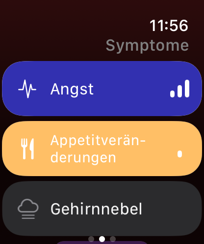 Trace Health Symptomliste auf der Apple Watch, aktive Symptome farbig