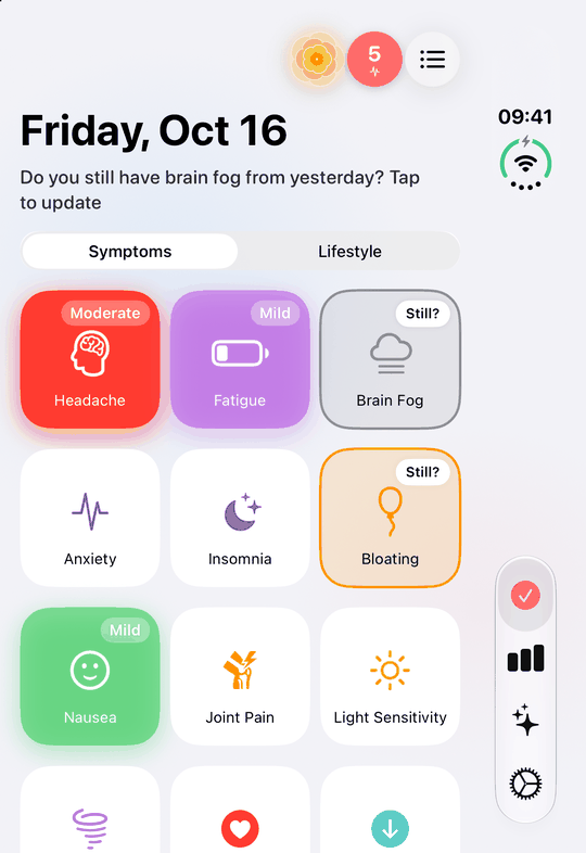 Trace Health on the folded iPhone Duo cover screen: the symptoms on the homepage, logged in one tap