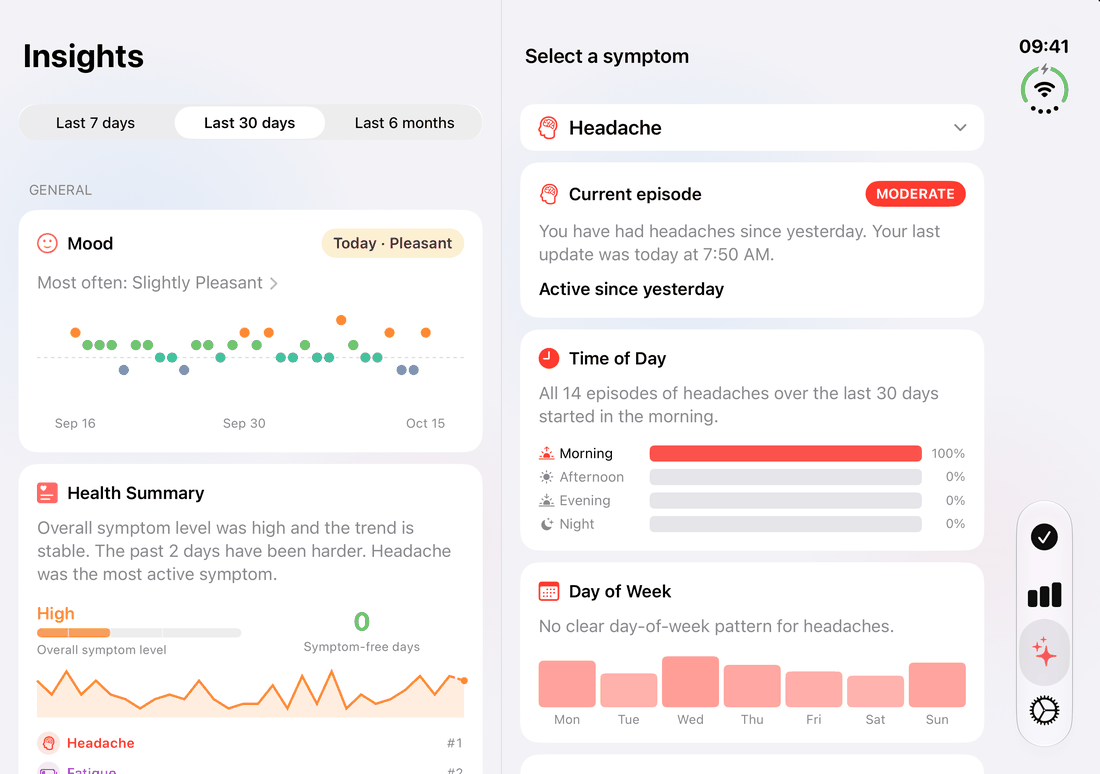 Insights on the open iPhone Duo: the overview with mood and health summary next to a symptom's patterns