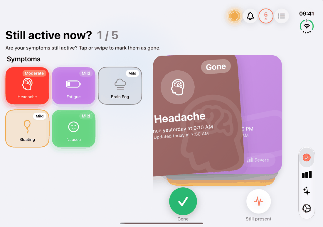 The daily symptom review on the open iPhone Duo: cards to swipe beside the active symptoms