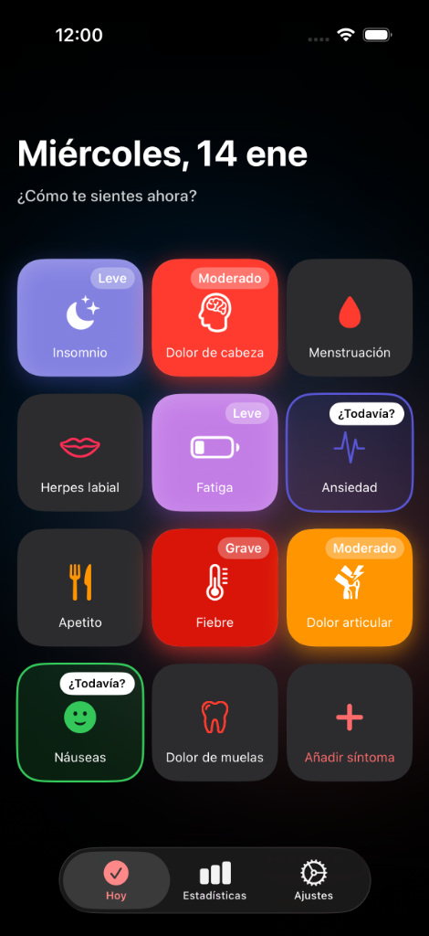 Pantalla de inicio con fichas de síntomas en Trace Salud