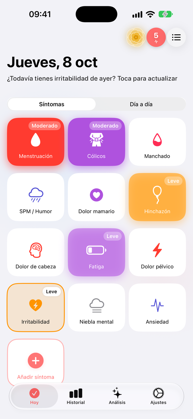 Pantalla de inicio con fichas de síntomas en Trace Salud