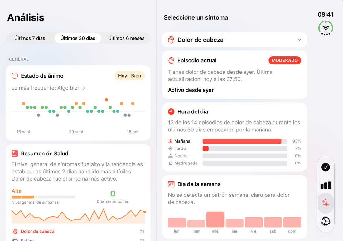 El análisis en el iPhone Duo abierto: el resumen con el ánimo y el estado de salud junto a los patrones de un síntoma