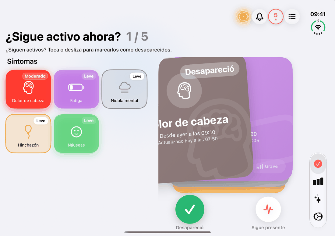 La revisión diaria de síntomas en el iPhone Duo abierto: tarjetas para deslizar junto a los síntomas activos