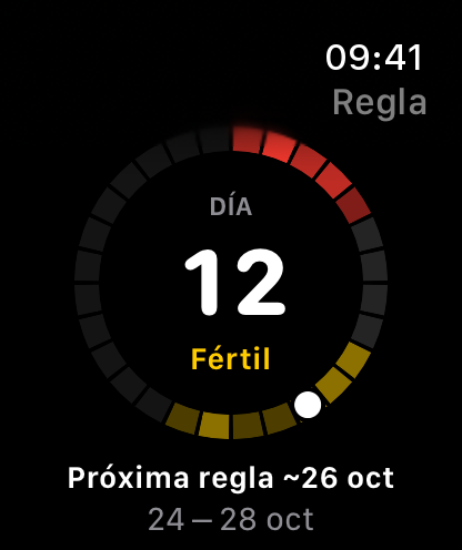 La página Regla en el Apple Watch: día 12 del ciclo en un anillo, Fértil, con la próxima regla prevista