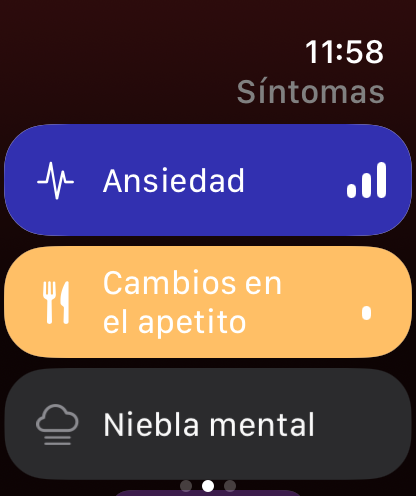 Lista de síntomas de Trace Salud en Apple Watch, con los síntomas activos en color