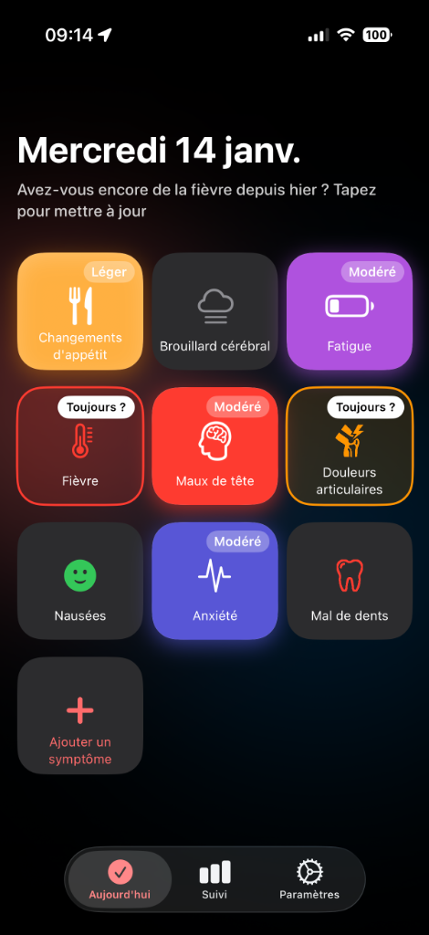 Écran Aujourd'hui avec les tuiles de symptômes dans Trace Santé