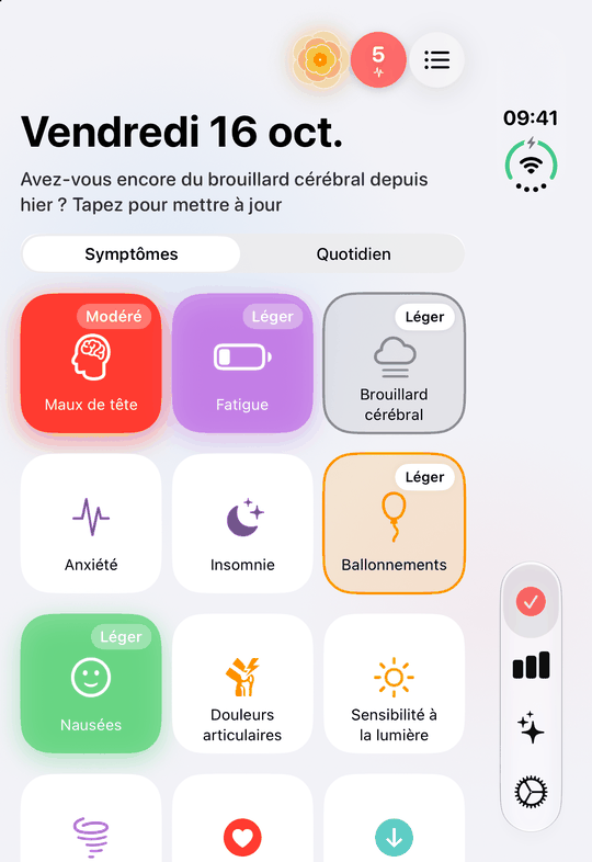 Trace Santé sur l'écran extérieur de l'iPhone Duo plié : les symptômes de la page d'accueil, notés en un tap
