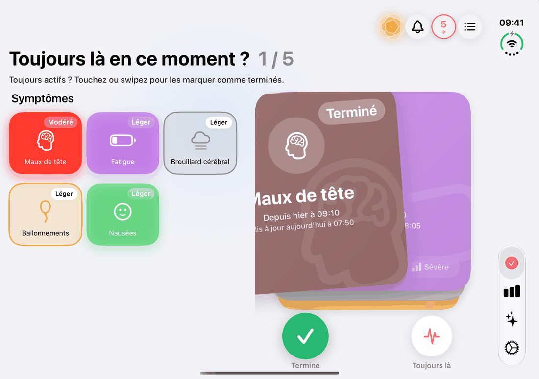 La revue quotidienne des symptômes sur l'iPhone Duo ouvert : les cartes à glisser à côté des symptômes actifs