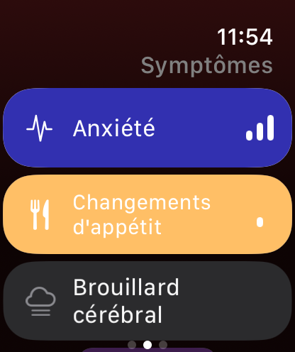 Liste des symptômes Trace Santé sur Apple Watch, les symptômes actifs en couleur