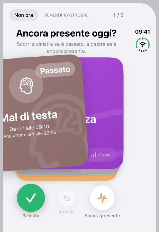 La revisione quotidiana dei sintomi attivi su iPhone Duo chiuso: le schede da scorrere sullo schermo esterno
