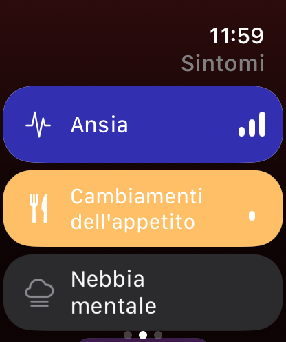 Elenco dei sintomi di Trace Salute su Apple Watch, con i sintomi attivi a colori