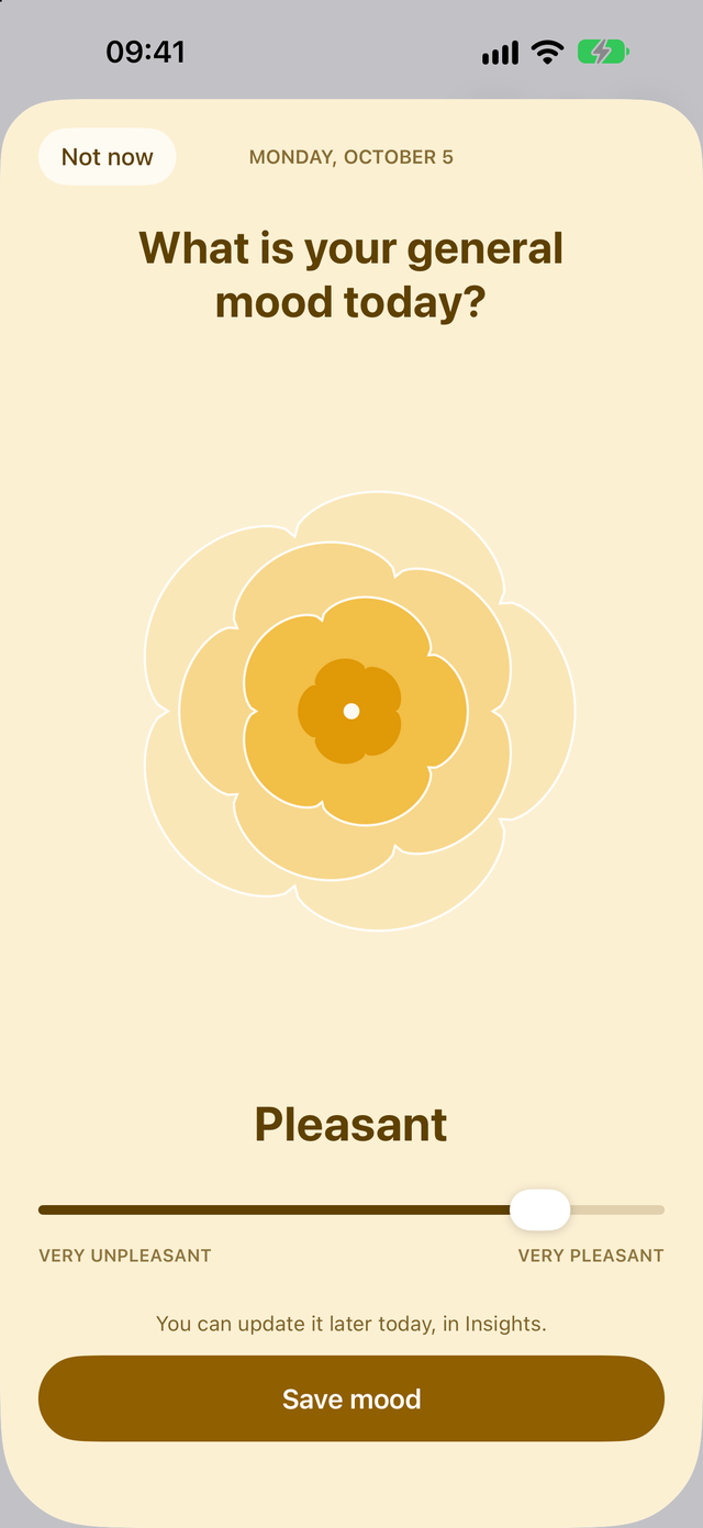 Trace Health daily mood check-in, with Pleasant selected