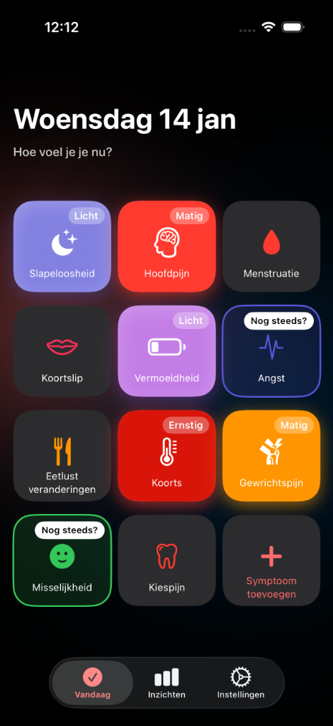 Vandaag-scherm met symptoomtegels in Trace Health