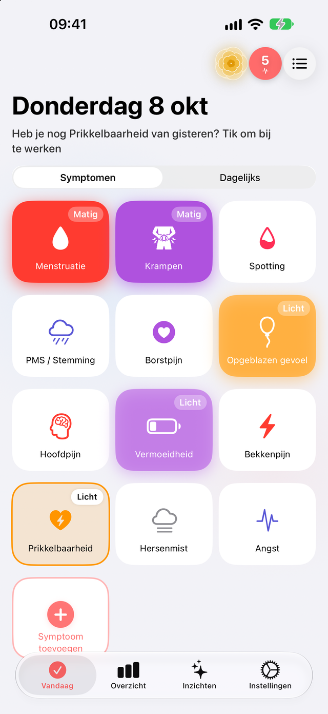 Vandaag-scherm met symptoomtegels in Trace Health