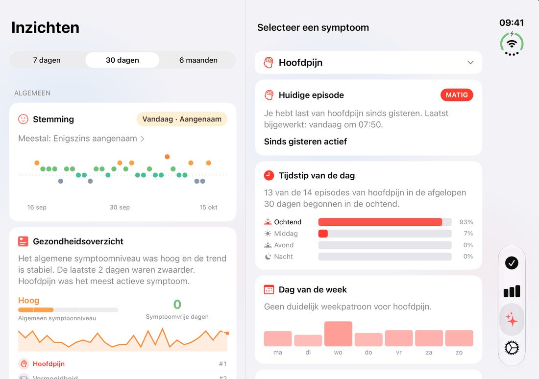 Inzichten op de opengeklapte iPhone Duo: het overzicht met stemming en gezondheidsoverzicht naast de patronen van een symptoom