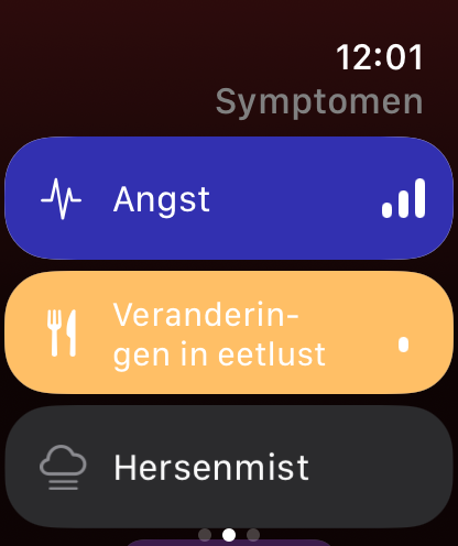Trace Health-symptoomlijst op Apple Watch, met actieve symptomen in kleur