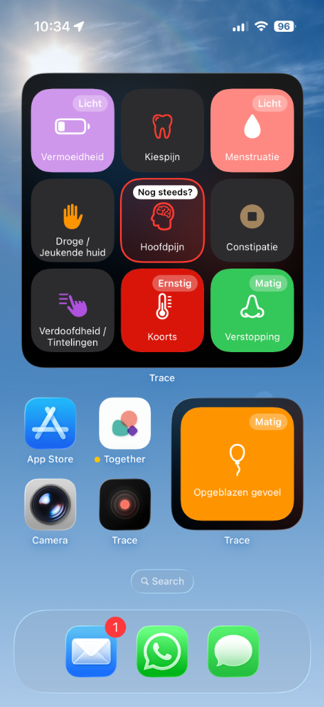 Trace Health-beginschermwidgets voor het bijhouden van symptomen