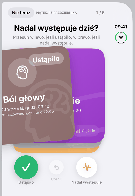 Codzienny przegląd aktywnych objawów na złożonym iPhonie Duo: karty do przesuwania na ekranie zewnętrznym