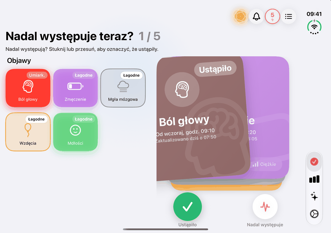 Codzienny przegląd objawów na otwartym iPhonie Duo: karty do przesuwania obok aktywnych objawów
