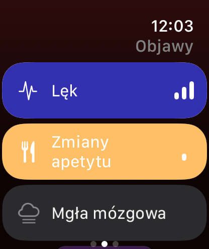 Lista objawów Trace Zdrowie na Apple Watch, aktywne objawy w kolorze