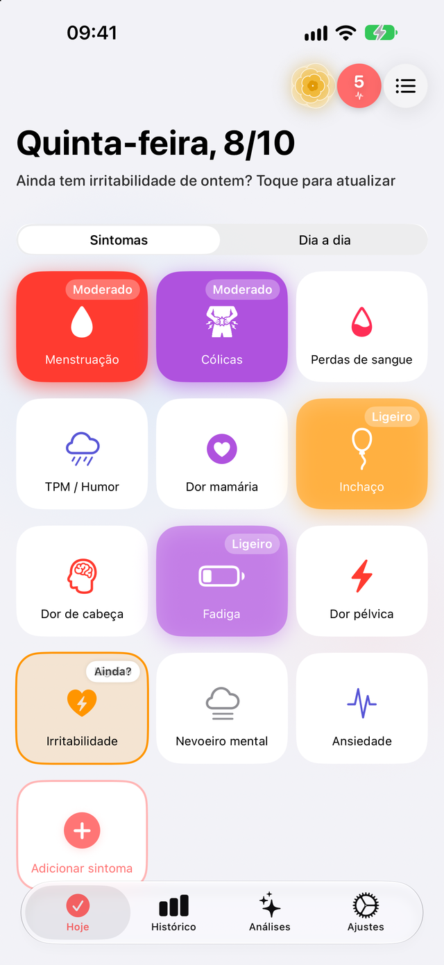Ecrã de hoje com fichas de sintomas no Trace Saúde