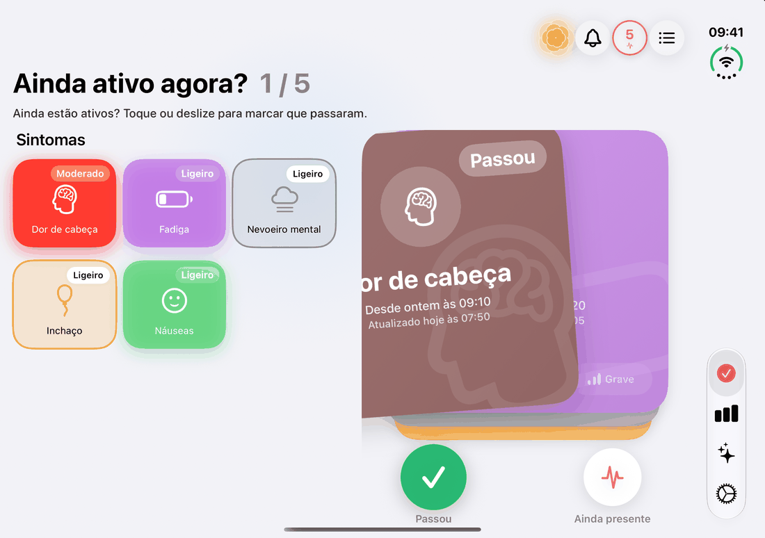 A revisão diária de sintomas no iPhone Duo aberto: cartões para deslizar ao lado dos sintomas ativos