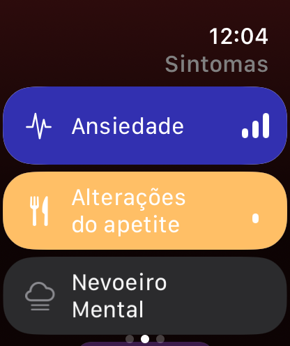 Lista de sintomas do Trace Saúde no Apple Watch, com os sintomas ativos a cores