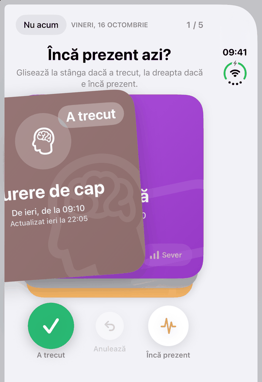 Verificarea zilnică a simptomelor active pe iPhone Duo pliat: carduri de glisat pe ecranul exterior