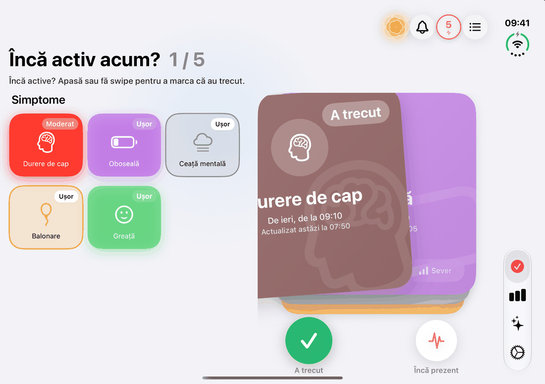 Verificarea zilnică a simptomelor pe iPhone Duo deschis: carduri de glisat lângă simptomele active