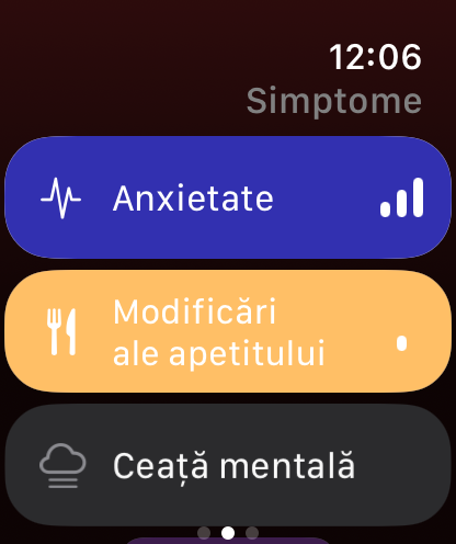 Lista de simptome Trace Sănătate pe Apple Watch, cu simptomele active colorate
