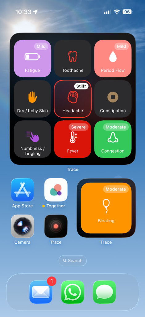 Trace Health home screen widgets logging symptoms