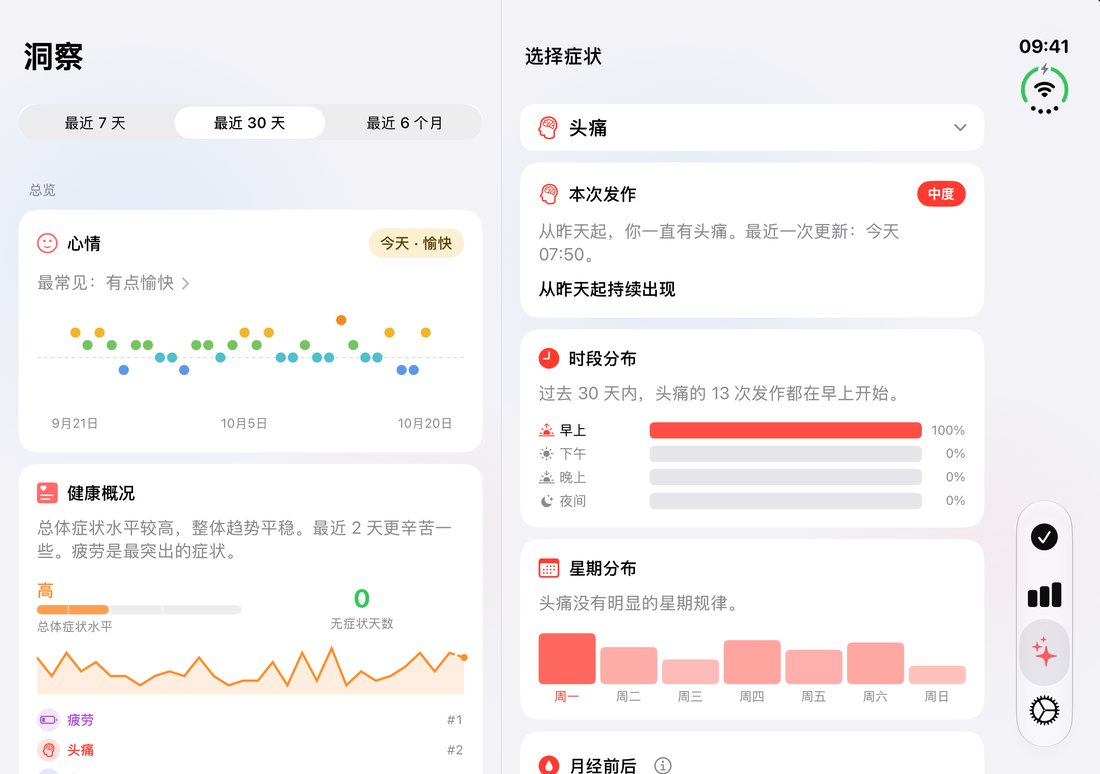 展开的 iPhone Duo 上的洞察:包含心情和健康摘要的概览,旁边是某个症状的规律